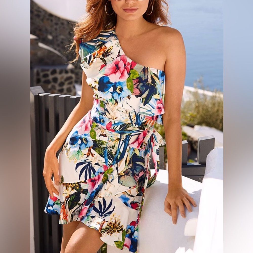 New Boston Proper Vibrant Floral One-Shoulder Dress